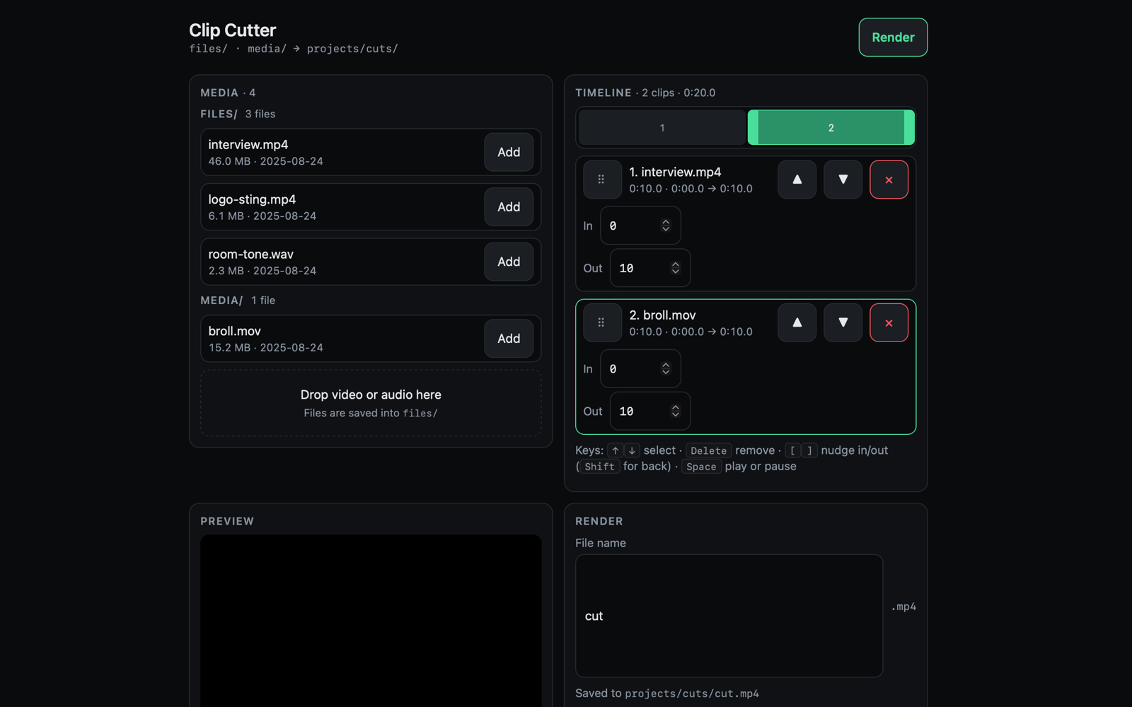 Clip Cutter open inside 00: a Media panel listing broll.mov, interview.mp4 and room-tone.wav with a drop area above them, and a Timeline panel below holding two clips with In and Out fields.