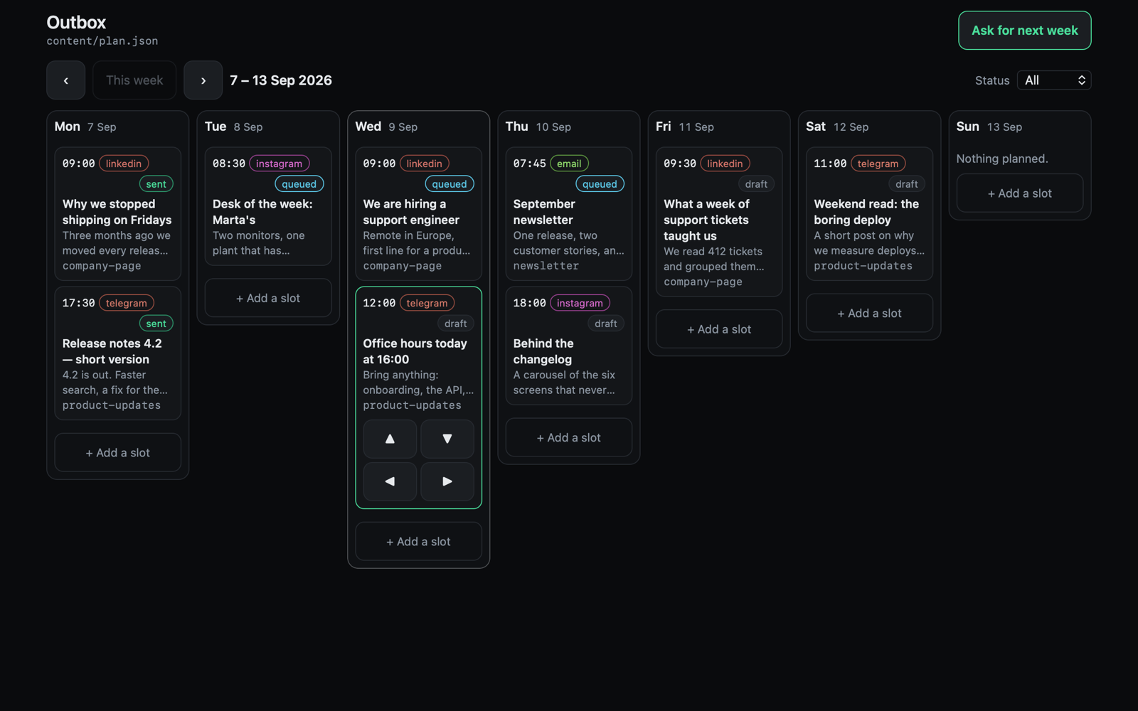 Outbox showing 7 to 13 September as seven day columns of planned posts, each with a time, a channel tag and a draft, queued or sent badge; one post is selected with arrows to move it.